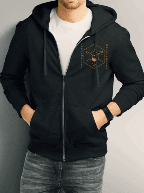 Man wearing black zip-up hoodie with logo on chest